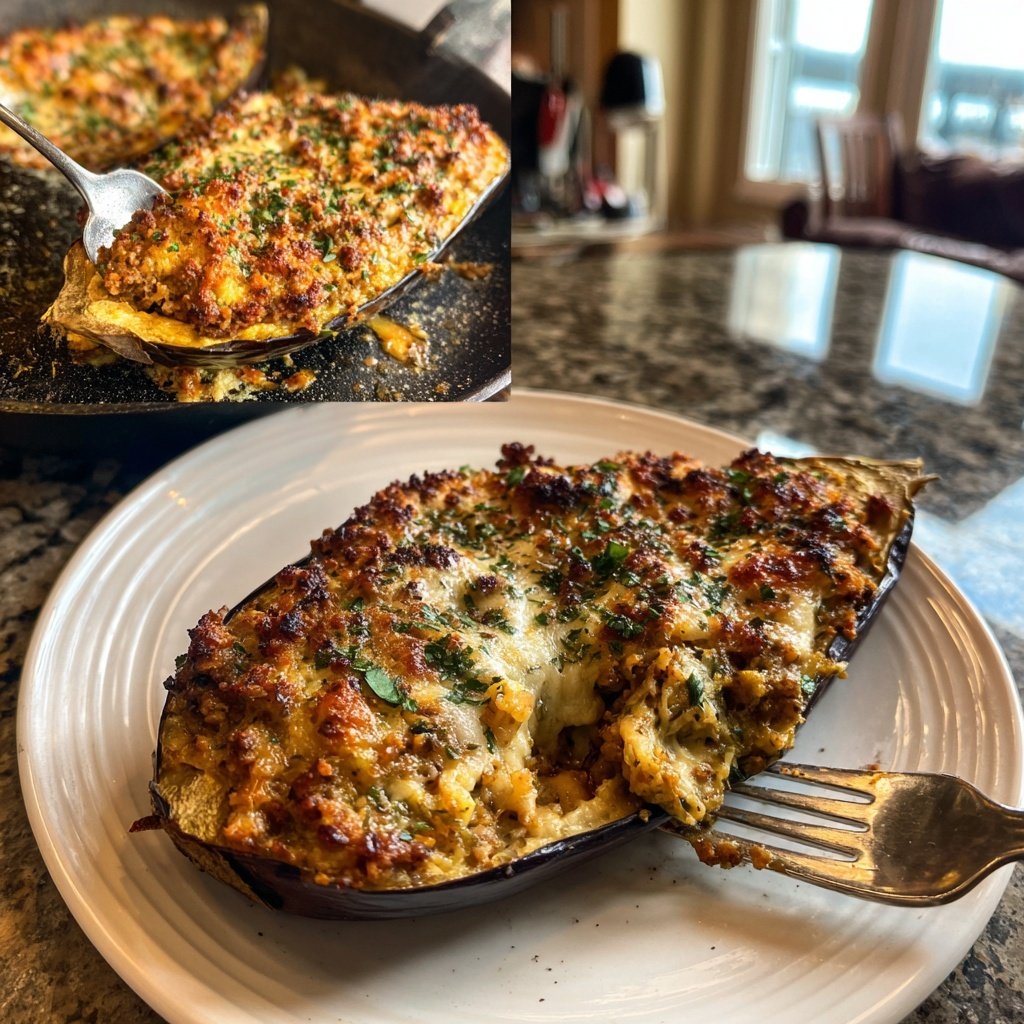 Ground Beef And Rice Stuffed Eggplant